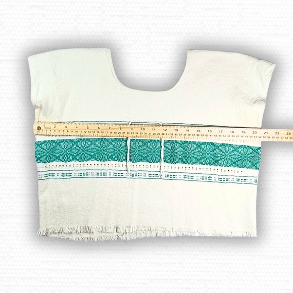 Women's Soft Boxy Crop Top, Vtg Sleeveless Mexican Top, Cream & Teal, Small, EUC - Picture 5 of 8